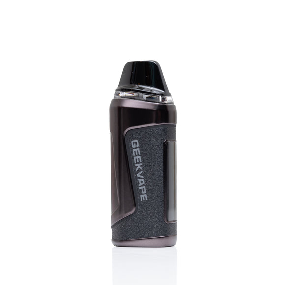 A GEEKVAPE disposable vape device in dark gray and black, standing upright on a clean white background with a subtle reflection.
