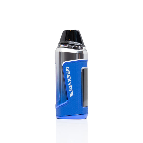 A GEEKVAPE pod mod vape device with a metallic silver body, a blue textured grip panel, and a black mouthpiece, shown on a clean white background.