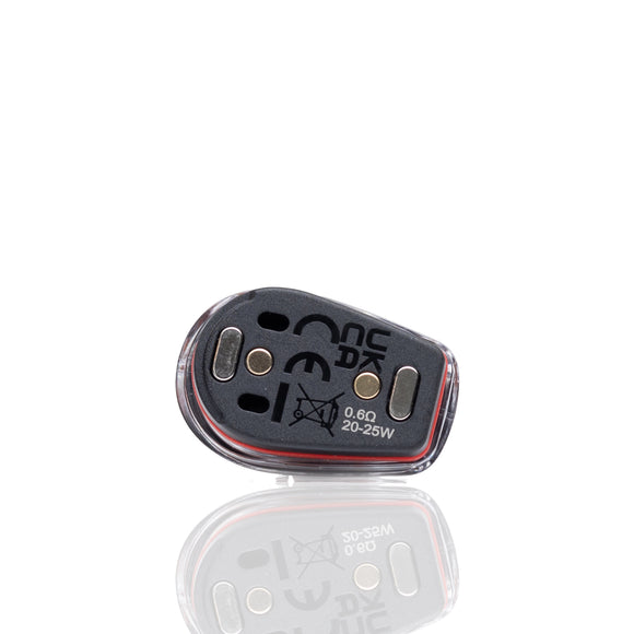 A small black vape battery or pod device with white printed specifications and symbols, shown on a clean white background with a soft reflection below.