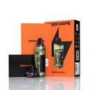 A GEEKVAPE AEGIS NANO 3 disposable vape device with a green camouflage pattern, shown alongside its orange retail packaging, a black accessory case, and a black card on a reflective white surface.