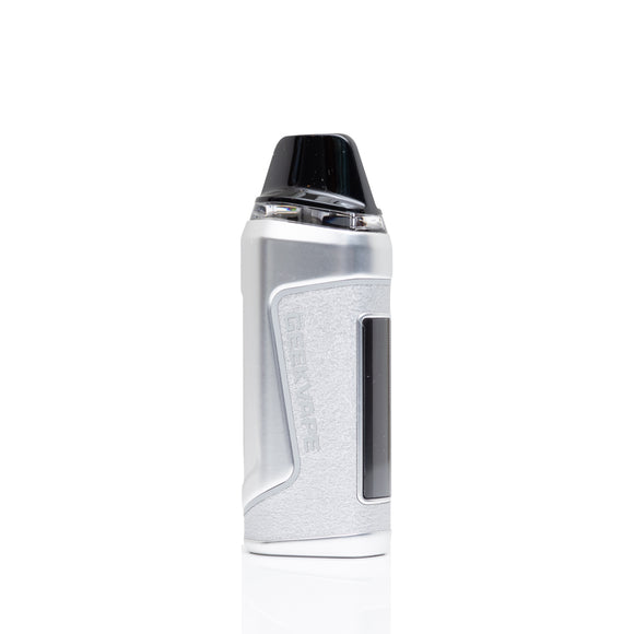A silver and black pod vape device standing upright on a clean white background.