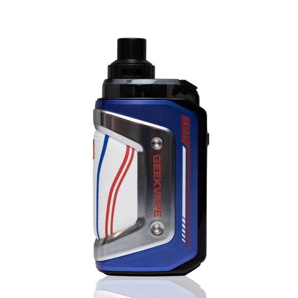 A GEEKVAPE hero 5 vape kit with a blue and black body, silver trim, and red and white graphic accents, shown on a white background with a subtle reflection.