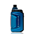 A blue and black GEEKVAPE electronic vape device with a textured side panel and silver screws, shown on a clean white background with a subtle reflection.