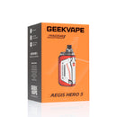 GEEKVAPE Aegis Hero 5 Racing Edition e-cigarette packaging box, featuring a bright orange front with a product image and a dark gray side panel with white text.