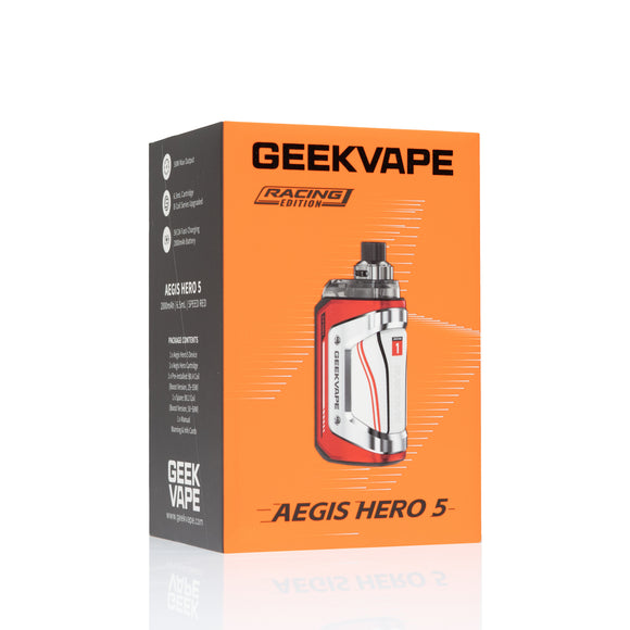 GEEKVAPE Aegis Hero 5 Racing Edition e-cigarette packaging box, featuring a bright orange front with a product image and a dark gray side panel with white text.