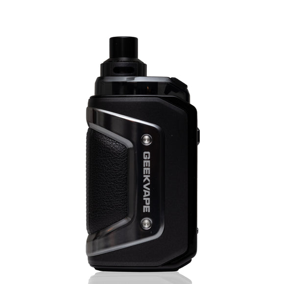 A black GEEKVAPE electronic device with a textured grip panel and silver accents, shown from a side profile on a white background.