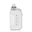A white GEEKVAPE electronic vape device with a textured diamond-quilted grip panel and a clear tank, shown on a clean white background with a subtle reflection.