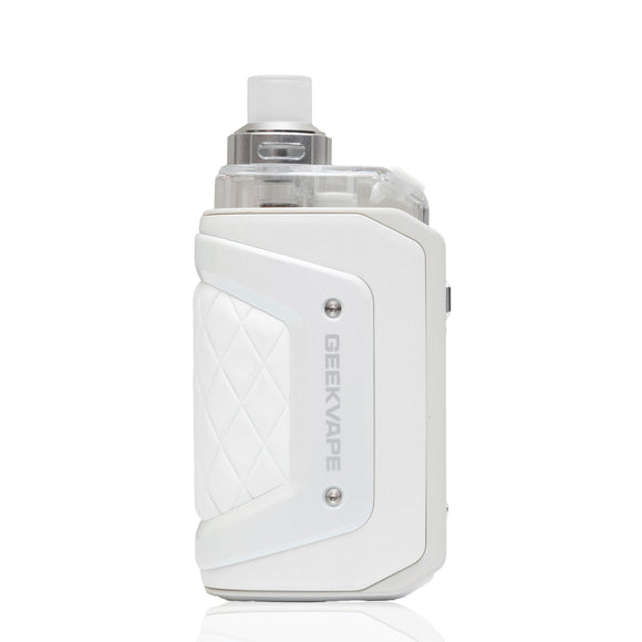 A white GEEKVAPE electronic vape device with a textured diamond-quilted grip panel and a clear tank, shown on a clean white background with a subtle reflection.