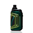 A GEEKVAPE hero 5 vape device in a metallic green and black colorway, featuring lime green accents and a textured grip panel, shown on a clean white background with a subtle reflection.