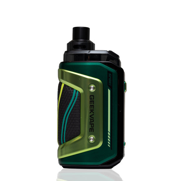 A GEEKVAPE hero 5 vape device in a metallic green and black colorway, featuring lime green accents and a textured grip panel, shown on a clean white background with a subtle reflection.