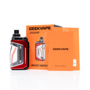 A Geekvape Aegis Hero vape device in red, silver, and black, displayed next to its orange retail packaging box on a white reflective surface.