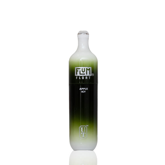 A bottle of FUM FLOAT Apple Icy flavored liquid, featuring a white-to-olive-green gradient design on a clean white background.