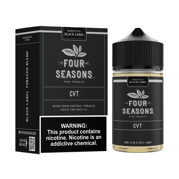 Four Seasons E-liquids - CVT (Previously VCT) - 60ml, features a combination of rich smooth undertones with a premium tobacco taste for a delectable experience.