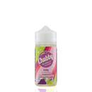 A 3mg bottle of chubby bubble vapes 'bubble grappleberry' flavor is place on a reflective surface on a white background. The label is green, purple, pink, and red.