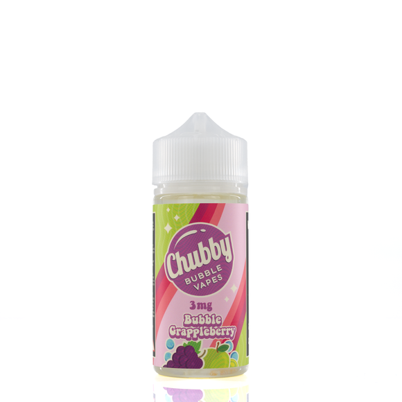A 3mg bottle of chubby bubble vapes 'bubble grappleberry' flavor is place on a reflective surface on a white background. The label is green, purple, pink, and red.