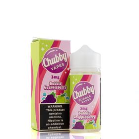 A 3mg bottle of chubby bubble vapes 'bubble grappleberry' flavor is place next to a similarly styled box is placed on a reflective surface and on a white background.
