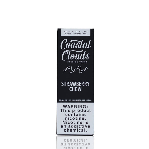A tall rectangular Coastal Clouds Strawberry Chew vape packaging box on a white background with a faint reflection below. The box is black and white with the brand name 'Coastal Clouds' in white script and a prominent nicotine warning label at the bottom.
