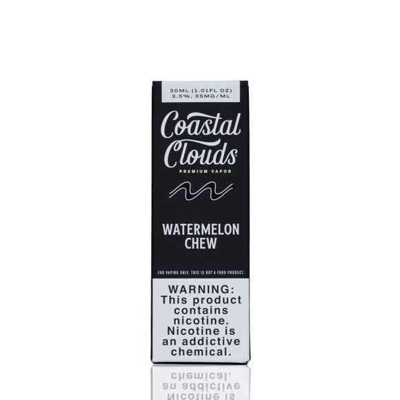 A single Coastal Clouds Watermelon Chew vape liquid pack on a plain white background with a faint reflection below.