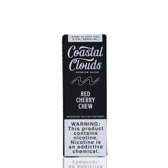 A single Coastal Clouds Red Cherry Chew vape cartridge box, 30ml, shown vertically against a plain white background with a faint reflection below.