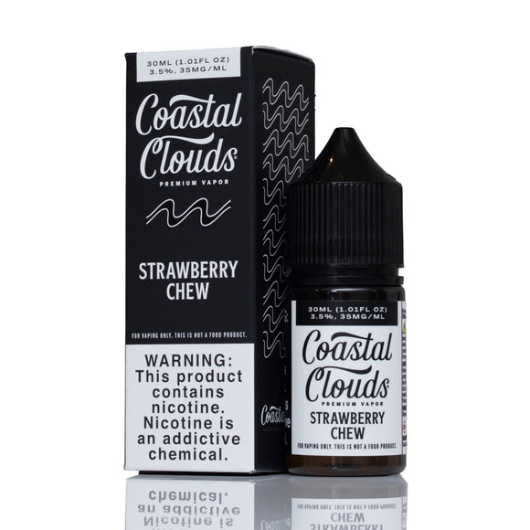 A bottle of Coastal Clouds Strawberry Chew e-liquid next to its black retail box, displayed on a reflective white surface.
