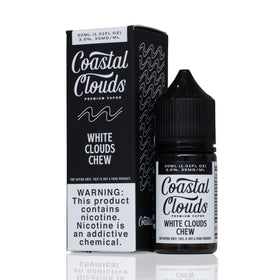 A bottle of Coastal Clouds White Clouds Chew premium vape liquid next to its black packaging box, featuring a prominent nicotine warning label and a black cap.