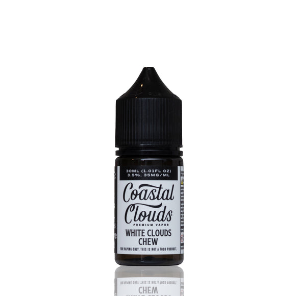 A 30ml bottle of Coastal Clouds Premium Vapes White Clouds Chew e-liquid, featuring a black plastic cap and a white label with black text, set against a plain white background with a subtle reflection below.