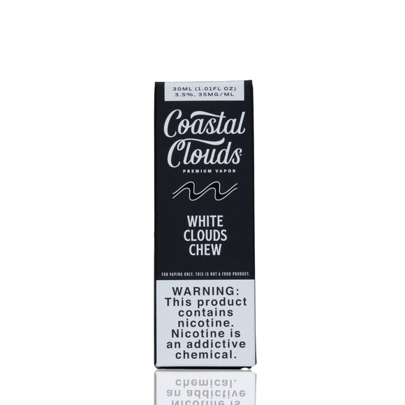 A tall rectangular Coastal Clouds vape packaging box for White Clouds Chew, shown upright on a white background with a faint reflection below.