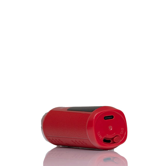 A red electronic vape device with a textured finish, shown from a side angle on a reflective white surface against a white background.