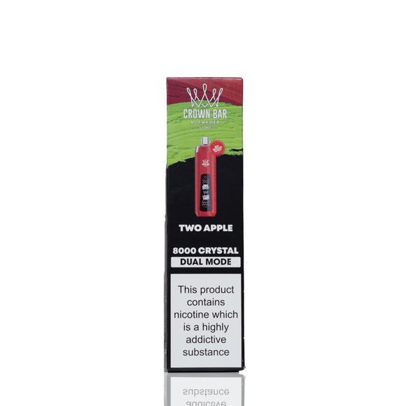 A boxed vape product labeled Crown Bar Two Apple 8000 Crystal Dual Mode, shown upright on a white background with a small reflection below.