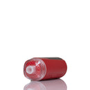 A red cylindrical electronic device with a clear plastic front cover and a white mouthpiece, resting on a reflective white surface against a white background.
