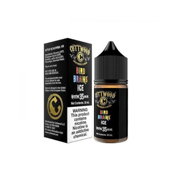 A 30ml bottle of cuttwood bird brains ice is next to a similarly styled box with a multicolored label. Both are reflected on a surface, against a white background.