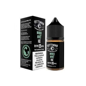 A 30ml bottle of cuttwood manic mint ice is next to a similarly styled box with a teal and black label. Both are reflected on a surface, against a white background.