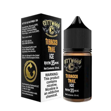 A 30ml bottle of cuttwood tobacco trail ice is next to a similarly styled box, with a black and gold label. Both are on a reflective surface, against a white background.