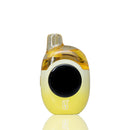 A yellow and white disposable vape device with a large black circular screen on the front, a clear mouthpiece, and a small HT logo at the bottom, shown on a white background with a soft reflection.