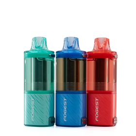 Three Fogest XP 40K Zero Nicotine Replacement Pods in teal, blue, and red turned slightly to the side to show the metal compatible component 