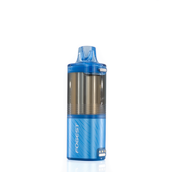 A blue Fogest XP 40K Zero Nicotine Replacement Pods in blue razz ice flavor is placed against a white background and turned slightly to show built in USA