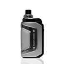 A GEEKVAPE electronic vape device in metallic silver and black, shown from a side profile view on a clean white background with a subtle reflection below.