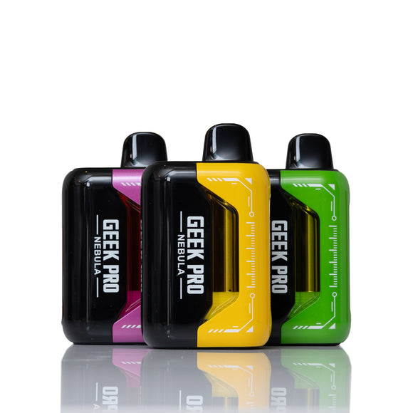 Three Geek Pro Nebula vape devices in black, yellow, and green, arranged side-by-side on a reflective white surface.