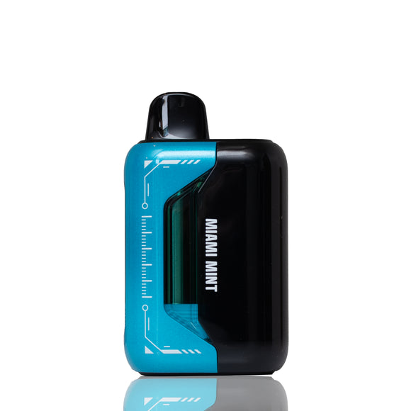 A MIAMI MINT disposable vape device in a vibrant blue and black colorway, shown from a side profile on a clean white background with a subtle reflection below.
