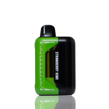 A strawberry kiwi flavor disposable vape device with a black and bright green color scheme, featuring a transparent window showing the amber liquid inside, set against a plain white background with a soft reflection below.