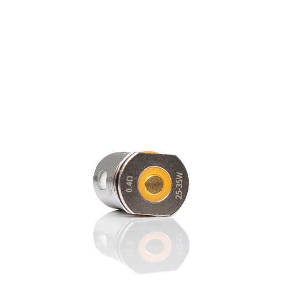 A small metallic cylindrical vape coil component with a yellow-orange center ring, shown on a clean white background with a soft reflection below.