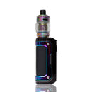 A vape mod kit with an iridescent rainbow finish and a clear tank, shown on a white background with a reflection below.