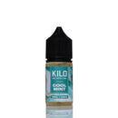 A 30ml bottle of Kilo Mint e-liquid with a black childproof cap and a teal and white label, shown on a white background with a reflection below.