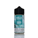 A 100ml bottle of Kilo Cool Mint e-liquid with a black cap and a teal and white label, shown on a white background with a reflection below.
