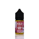 A 30ml bottle of Kilo Juice Co Strawberry Milk e-liquid with a black cap and a pink and white label, shown on a white background with a reflection.