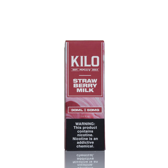 A single box of Kilo Strawberry Milk e-liquid, 30ml, standing upright on a reflective white surface against a white background.