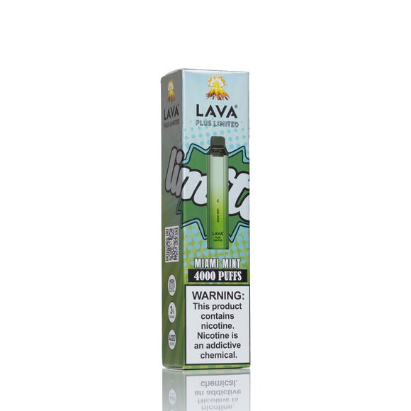 Lava Puffs Limited Miami Mint disposable vape packaging box, featuring a green and light blue design with a warning label and QR code on a white background.