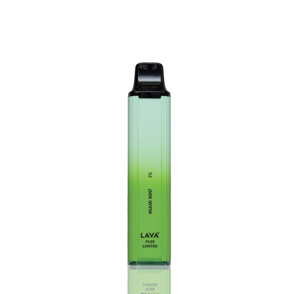 A Lava Plus Limited disposable vape device in 'Miami Mint' flavor, featuring a translucent green body with a black mouthpiece, shown on a clean white background with a subtle reflection.