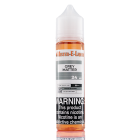 A 24mg mister e-liquid bottle of 'grey matter' is placed on a reflective surface and against a white background. The label is black, grey, and white.