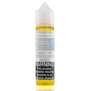 A mister e-liquid bottle is placed on a reflective surface and against a white background. The bottle outlines the ingredients and the warning label. 
